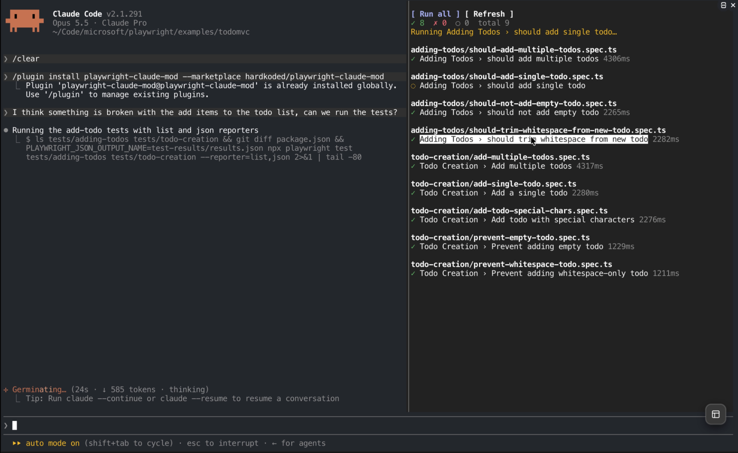 Playwright Claude Mod side panel next to Claude Code running the todomvc tests